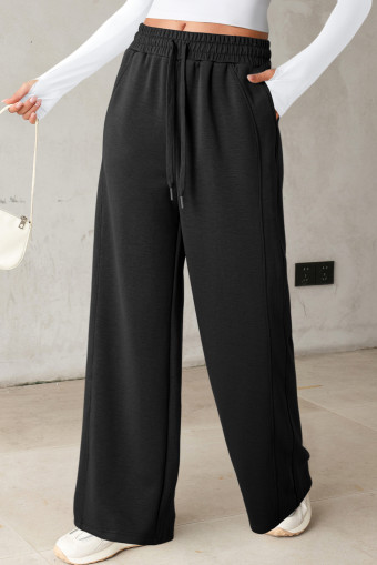 Black Scuba Drawstring Elastic Waistband Solid Color Sweatpants