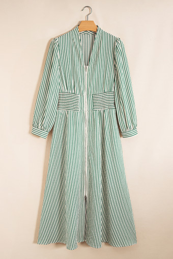 Green Stripe V Neck Zip Front Cinched High Waist Midi Dress