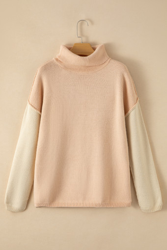 Pale Chestnut Color Block Turtle Neck Drop Shoulder Knit Sweater