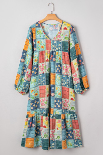 Sky Blue Mix Floral Checkered Pattern Bubble Sleeve Ruffle Hem Dress