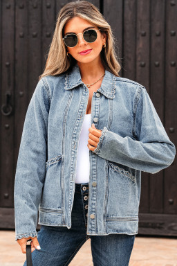 Myosotis Scallop Trim Collar Patched Pocket Button Up Mineral Washed Denim Jacket