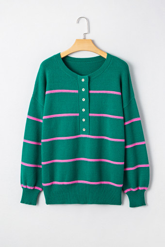 Green Stripe Half Buttons Drop Shoulder Oversized Sweater