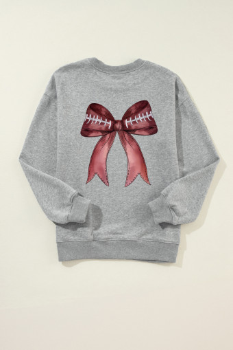 Gray Football Bow Print Drop Shoulder Pullover Sweatshirt