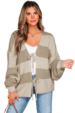 Khaki Striped Color Block Brushed Knit Bow Tie Front Sweater Cardigan
