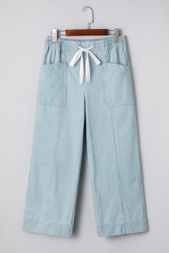 Sky Blue Stripe Mid Rise Drawstring Waist Jeans