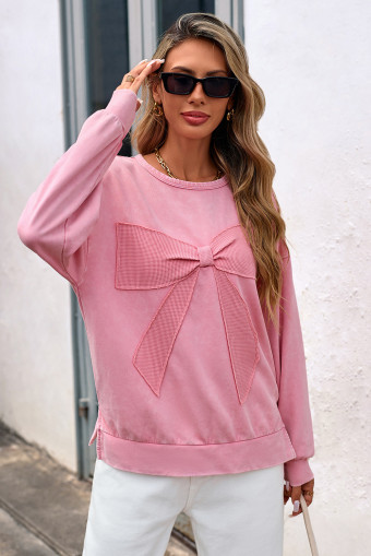Bright Pink Mineral Wash Big Bow Patchwork Pullover Sweatshirt