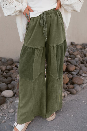Vineyard Green Mineral Wash Tiered Wide Leg Patchwork Drawstring Pants