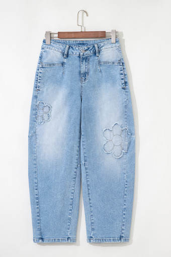 Beau Blue Flower Patched Light Wash Cropped High Waist Jeans