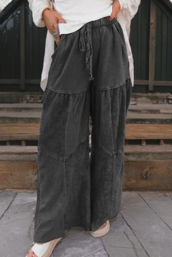 Black Mineral Wash Tiered Wide Leg Patchwork Drawstring Pants