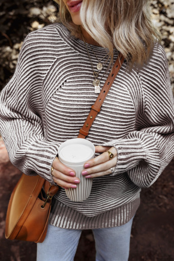 Coffee Striped Print Ribbed Knit Boat Neck Baggy Sweater