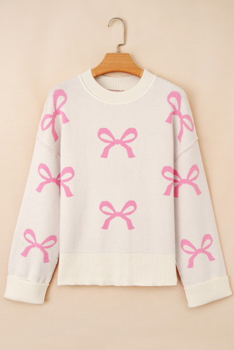 Pink Bow Print Ribbed Trim Exposed Seam Drop Shoulder Loose Sweater