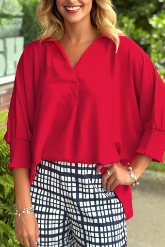 Fiery Red V Neck Collared Shirred 3/4 Sleeve Oversized Tunic Top
