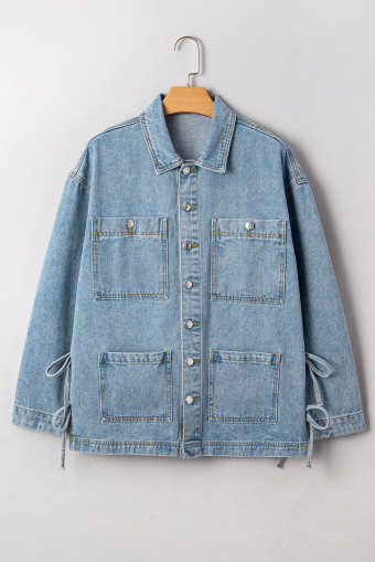Beau Blue Multi Patched Pockets Side Tie up Boyfriend Style Denim Jacket