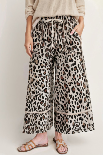 Khaki Leopard Wide Leg Cropped Pants