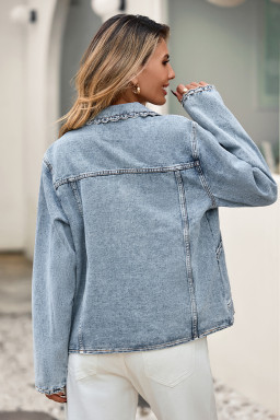 Myosotis Scallop Trim Collar Patched Pocket Button Up Mineral Washed Denim Jacket
