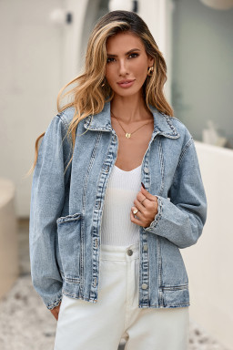 Myosotis Scallop Trim Collar Patched Pocket Button Up Mineral Washed Denim Jacket