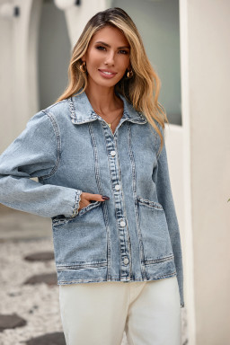 Myosotis Scallop Trim Collar Patched Pocket Button Up Mineral Washed Denim Jacket