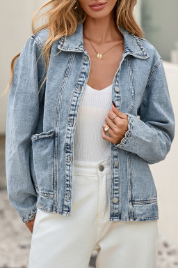 Myosotis Scallop Trim Collar Patched Pocket Button Up Mineral Washed Denim Jacket