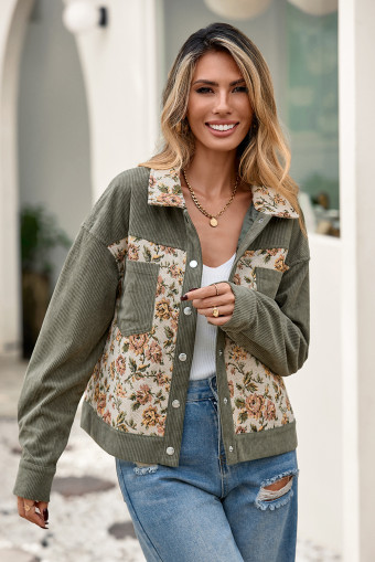 Dearlovers Sage Green Ribbed Retro Floral Patchwork Shirt Style Jacket