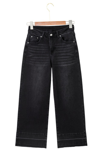 Black Raw Hem Straight Leg Loose High Waist Jeans