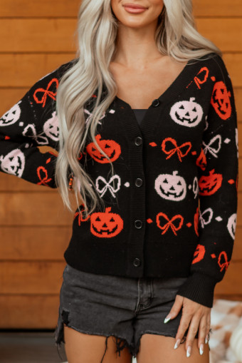 Black Halloween Pumpkin Bow Knit Button V Neck Sweater Cardigan