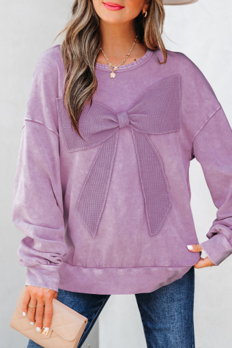 Orchid Bouquet Mineral Wash Big Bow Patchwork Pullover Sweatshirt