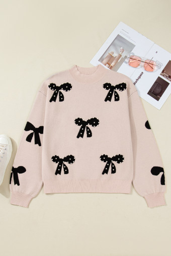 Smoke Gray Pearl Embellished Bow Pattern Loose Sweater