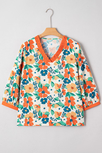 Orange Frilled V Neck Floral Print Bracelet Sleeve Blouse