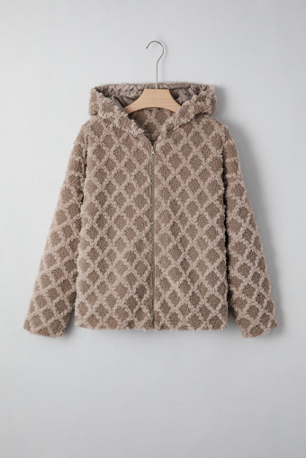 Chestnut Sherpa Rhombus Zip Up Side Pocket Hooded Jacket