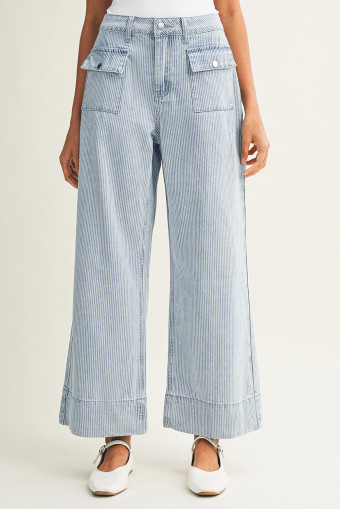 Sky Blue Stripe Button Flap Pocket Cuffed Hem Wide Leg Jeans