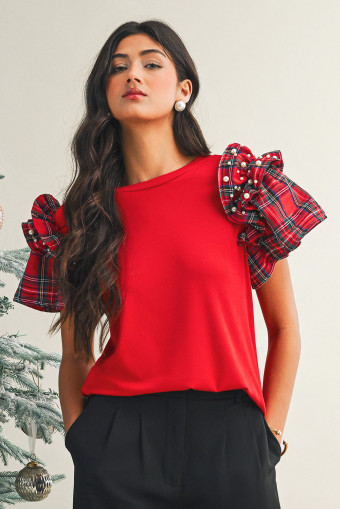 Racing Red Plaid Pearl Ruffle Short Sleeve Loose T Shirt