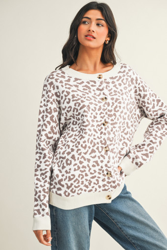 Khaki Leopard Drop Shoulder Chunky Knitted Cardigan Sweater