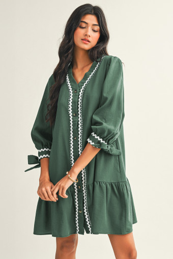 Canton Contrast Ricrac Trim Button V Neck Knotted Bracelet Sleeve Shift Dress