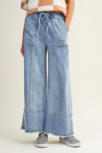 Beau Blue Drawstring Seam Detail Raw Hem Wide Leg Denim Pants