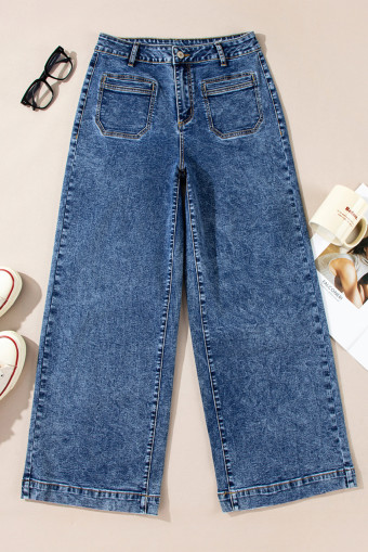 Sky Blue Chic Patch Pocket Straight Leg Loose Jeans