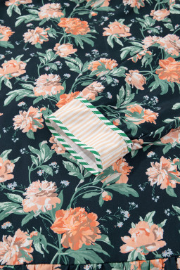 Blue Floral Print Striped Trim V Neck Long Sleeve Ruffle Hem Shift Mini Dress