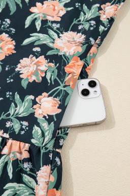 Blue Floral Print Striped Trim V Neck Long Sleeve Ruffle Hem Shift Mini Dress