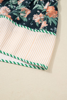 Blue Floral Print Striped Trim V Neck Long Sleeve Ruffle Hem Shift Mini Dress