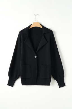 Black Solid Color Knit Lapel Collar Single Button Sweater Cardigan