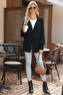 Black Solid Color Knit Lapel Collar Single Button Sweater Cardigan