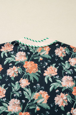 Blue Floral Print Striped Trim V Neck Long Sleeve Ruffle Hem Shift Mini Dress