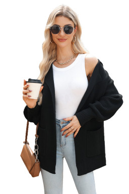 Black Solid Color Knit Lapel Collar Single Button Sweater Cardigan