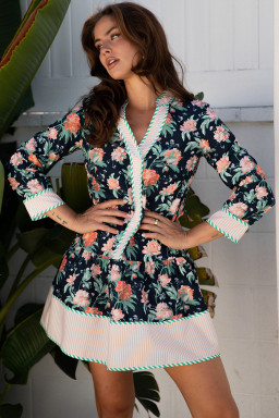 Blue Floral Print Striped Trim V Neck Long Sleeve Ruffle Hem Shift Mini Dress