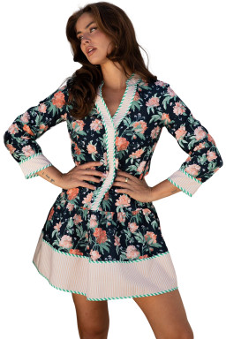 Blue Floral Print Striped Trim V Neck Long Sleeve Ruffle Hem Shift Mini Dress