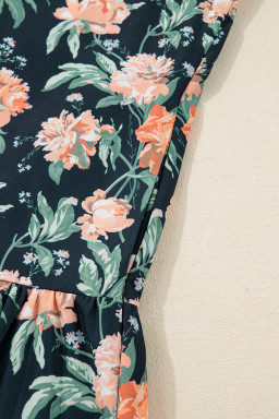 Blue Floral Print Striped Trim V Neck Long Sleeve Ruffle Hem Shift Mini Dress