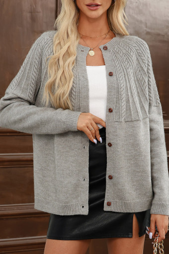 Gray Solid Color Textured Detail Button Down Long Sleeve Sweater Cardigan