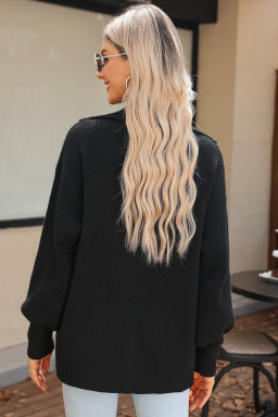 Black Solid Color Knit Lapel Collar Single Button Sweater Cardigan