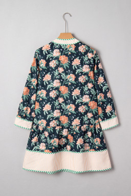 Blue Floral Print Striped Trim V Neck Long Sleeve Ruffle Hem Shift Mini Dress