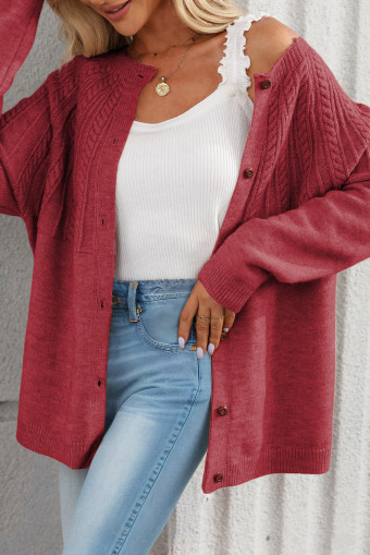 Red Dahlia Solid Color Textured Detail Button Down Long Sleeve Sweater Cardigan