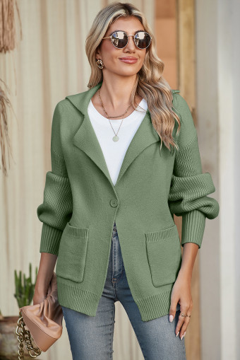 Vineyard Green Solid Color Knit Lapel Collar Single Button Sweater Cardigan